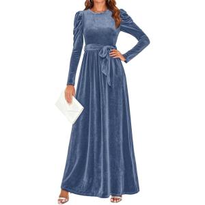 imageZESICA Womens Velvet Maxi Dress Fall 2026 Long Puff Sleeve Crew Neck Elastic High Waist Cocktail Party Bridesmaid DressesDusty Blue