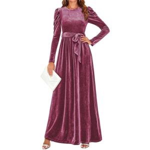 imageZESICA Womens Velvet Maxi Dress Fall 2026 Long Puff Sleeve Crew Neck Elastic High Waist Cocktail Party Bridesmaid DressesMauve