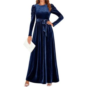 imageZESICA Womens Velvet Maxi Dress Fall 2026 Long Puff Sleeve Crew Neck Elastic High Waist Cocktail Party Bridesmaid DressesNavy