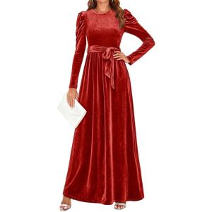 imageZESICA Womens Velvet Maxi Dress Fall 2026 Long Puff Sleeve Crew Neck Elastic High Waist Cocktail Party Bridesmaid DressesPonceau