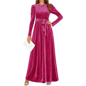 imageZESICA Womens Velvet Maxi Dress Fall 2026 Long Puff Sleeve Crew Neck Elastic High Waist Cocktail Party Bridesmaid DressesRose