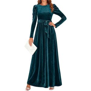 imageZESICA Womens Velvet Maxi Dress Fall 2026 Long Puff Sleeve Crew Neck Elastic High Waist Cocktail Party Bridesmaid DressesTeal Green