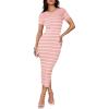image:imageZESICA Womens 2026 Summer Bodycon Midi Dress Striped Short Sleeve Ribbed Knit Slim Fit Side Slit Vacation Long DressesPink