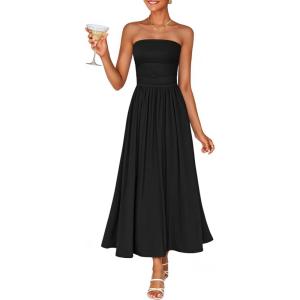 image:imageZESICA Womens Summer Sleeveless Midi Dress 2026 Strapless Ruched A Line Flowy Wedding Guest Party Beach Long DressesBlack