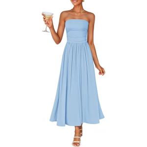image:imageZESICA Womens Summer Sleeveless Midi Dress 2026 Strapless Ruched A Line Flowy Wedding Guest Party Beach Long DressesBlue