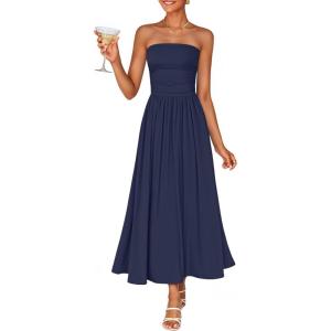image:imageZESICA Womens Summer Sleeveless Midi Dress 2026 Strapless Ruched A Line Flowy Wedding Guest Party Beach Long DressesNavy