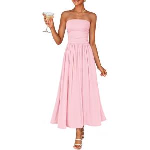 image:imageZESICA Womens Summer Sleeveless Midi Dress 2026 Strapless Ruched A Line Flowy Wedding Guest Party Beach Long DressesPink