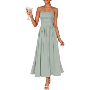 image:imageZESICA Womens Summer Sleeveless Midi Dress 2026 Strapless Ruched A Line Flowy Wedding Guest Party Beach Long DressesSage