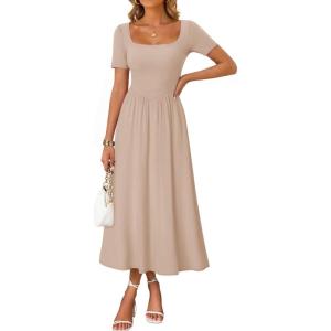 image:imageZESICA Summer Dresses for Women 2026 Elegant Classy Square Neck Short Sleeve Flowy Cocktail Party Midi DressApricot