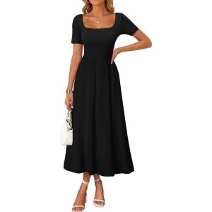 image:imageZESICA Summer Dresses for Women 2026 Elegant Classy Square Neck Short Sleeve Flowy Cocktail Party Midi DressBlack