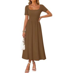 image:imageZESICA Summer Dresses for Women 2026 Elegant Classy Square Neck Short Sleeve Flowy Cocktail Party Midi DressBrown