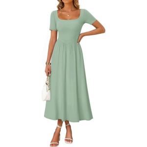image:imageZESICA Summer Dresses for Women 2026 Elegant Classy Square Neck Short Sleeve Flowy Cocktail Party Midi DressLight Green