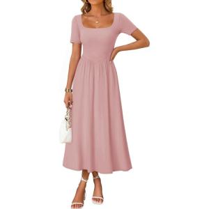 image:imageZESICA Summer Dresses for Women 2026 Elegant Classy Square Neck Short Sleeve Flowy Cocktail Party Midi DressPink