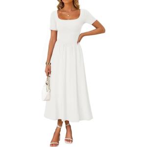 image:imageZESICA Summer Dresses for Women 2026 Elegant Classy Square Neck Short Sleeve Flowy Cocktail Party Midi DressWhite