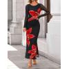 image:imageZESICA Womens Long Sleeve Floral Maxi Dresses 2026 Fall Bodycon Crewneck Side Slit Ruched Fitted Party Long DressBlack