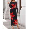 image:imageZESICA Womens Long Sleeve Floral Maxi Dresses 2026 Fall Bodycon Crewneck Side Slit Ruched Fitted Party Long DressBlack