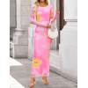 image:imageZESICA Womens Long Sleeve Floral Maxi Dresses 2026 Fall Bodycon Crewneck Side Slit Ruched Fitted Party Long DressPink