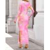 image:imageZESICA Womens Long Sleeve Floral Maxi Dresses 2026 Fall Bodycon Crewneck Side Slit Ruched Fitted Party Long DressPink