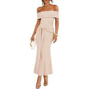 image:imageZESICA Womens 2026 Off Shoulder Bodycon Maxi Dress Summer Spring Formal Elegant Cocktail Party Wedding Guest Midi DressesApricot