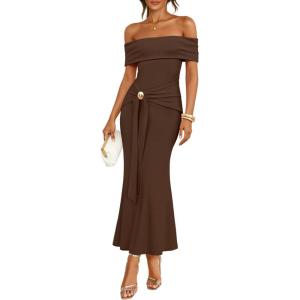 image:imageZESICA Womens 2026 Off Shoulder Bodycon Maxi Dress Summer Spring Formal Elegant Cocktail Party Wedding Guest Midi DressesCoffee