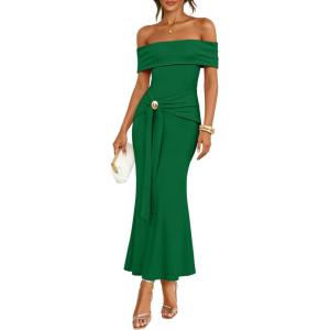 image:imageZESICA Womens 2026 Off Shoulder Bodycon Maxi Dress Summer Spring Formal Elegant Cocktail Party Wedding Guest Midi DressesGreen