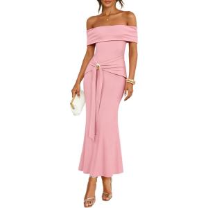 image:imageZESICA Womens 2026 Off Shoulder Bodycon Maxi Dress Summer Spring Formal Elegant Cocktail Party Wedding Guest Midi DressesPink