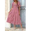 image:imageZESICA Womens 2026 Bohemian Summer Plaid Square Neck Puff Sleeve Ruffle Flowy Beach Midi DressRed
