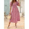 image:imageZESICA Womens 2026 Bohemian Summer Plaid Square Neck Puff Sleeve Ruffle Flowy Beach Midi DressRed
