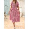 image:imageZESICA Womens 2026 Bohemian Summer Plaid Square Neck Puff Sleeve Ruffle Flowy Beach Midi DressRed