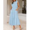 image:imageZESICA Womens 2026 Summer Casual Flutter Short Sleeve Crew Neck Smocked Elastic Waist Tiered Midi DressBlue