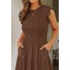 image:imageZESICA Womens 2026 Summer Casual Flutter Short Sleeve Crew Neck Smocked Elastic Waist Tiered Midi DressCoffee