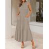image:imageZESICA Womens 2026 Summer Casual Flutter Short Sleeve Crew Neck Smocked Elastic Waist Tiered Midi DressLight Khaki