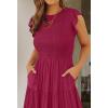 image:imageZESICA Womens 2026 Summer Casual Flutter Short Sleeve Crew Neck Smocked Elastic Waist Tiered Midi DressPlum