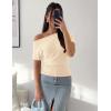 image:imageZESICA Womens Off The Shoulder Short Sleeve Sweater Tops 2026 Summer Casual Ruched Knit Going Out Trendy Spring ShirtsApricot