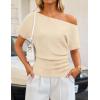 image:imageZESICA Womens Off The Shoulder Short Sleeve Sweater Tops 2026 Summer Casual Ruched Knit Going Out Trendy Spring ShirtsApricot