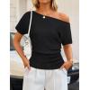 image:imageZESICA Womens Off The Shoulder Short Sleeve Sweater Tops 2026 Summer Casual Ruched Knit Going Out Trendy Spring ShirtsBlack