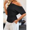 image:imageZESICA Womens Off The Shoulder Short Sleeve Sweater Tops 2026 Summer Casual Ruched Knit Going Out Trendy Spring ShirtsBlack
