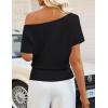 image:imageZESICA Womens Off The Shoulder Short Sleeve Sweater Tops 2026 Summer Casual Ruched Knit Going Out Trendy Spring ShirtsBlack