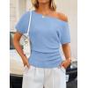image:imageZESICA Womens Off The Shoulder Short Sleeve Sweater Tops 2026 Summer Casual Ruched Knit Going Out Trendy Spring ShirtsBlue