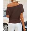 image:imageZESICA Womens Off The Shoulder Short Sleeve Sweater Tops 2026 Summer Casual Ruched Knit Going Out Trendy Spring ShirtsCoffee
