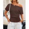 image:imageZESICA Womens Off The Shoulder Short Sleeve Sweater Tops 2026 Summer Casual Ruched Knit Going Out Trendy Spring ShirtsCoffee