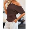 image:imageZESICA Womens Off The Shoulder Short Sleeve Sweater Tops 2026 Summer Casual Ruched Knit Going Out Trendy Spring ShirtsCoffee