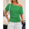 image:imageZESICA Womens Off The Shoulder Short Sleeve Sweater Tops 2026 Summer Casual Ruched Knit Going Out Trendy Spring ShirtsGreen