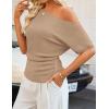 image:imageZESICA Womens Off The Shoulder Short Sleeve Sweater Tops 2026 Summer Casual Ruched Knit Going Out Trendy Spring ShirtsKhaki