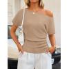 image:imageZESICA Womens Off The Shoulder Short Sleeve Sweater Tops 2026 Summer Casual Ruched Knit Going Out Trendy Spring ShirtsKhaki