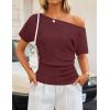 image:imageZESICA Womens Off The Shoulder Short Sleeve Sweater Tops 2026 Summer Casual Ruched Knit Going Out Trendy Spring ShirtsWine