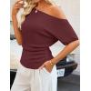 image:imageZESICA Womens Off The Shoulder Short Sleeve Sweater Tops 2026 Summer Casual Ruched Knit Going Out Trendy Spring ShirtsWine