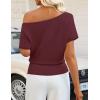 image:imageZESICA Womens Off The Shoulder Short Sleeve Sweater Tops 2026 Summer Casual Ruched Knit Going Out Trendy Spring ShirtsWine
