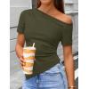 image:imageZESICA Womens Summer Off The Shoulder Going Out Tops 2026 Short Sleeve Asymmetrical Ruched Fitted Shirts Trendy Y2K TopArmygreen