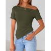 image:imageZESICA Womens Summer Off The Shoulder Going Out Tops 2026 Short Sleeve Asymmetrical Ruched Fitted Shirts Trendy Y2K TopArmygreen